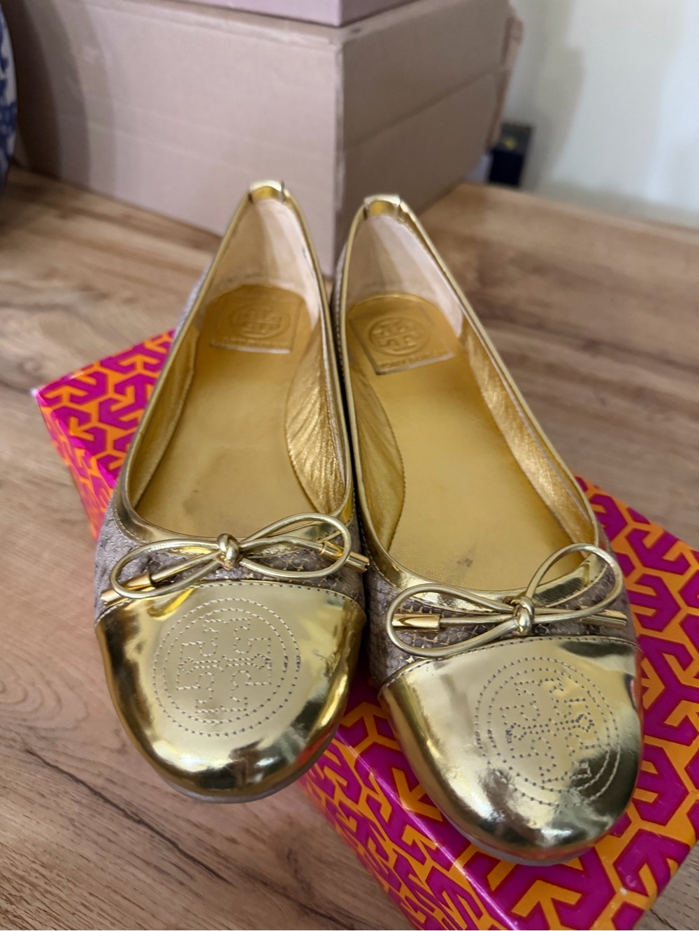 Tory Burch Verbena Metallic Gold Leather & Fabric Ballet Flats
